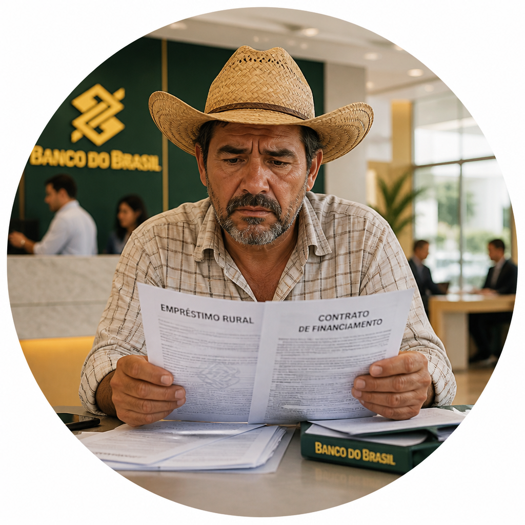 Produtor rural analisando contratos de empréstimo rural no banco