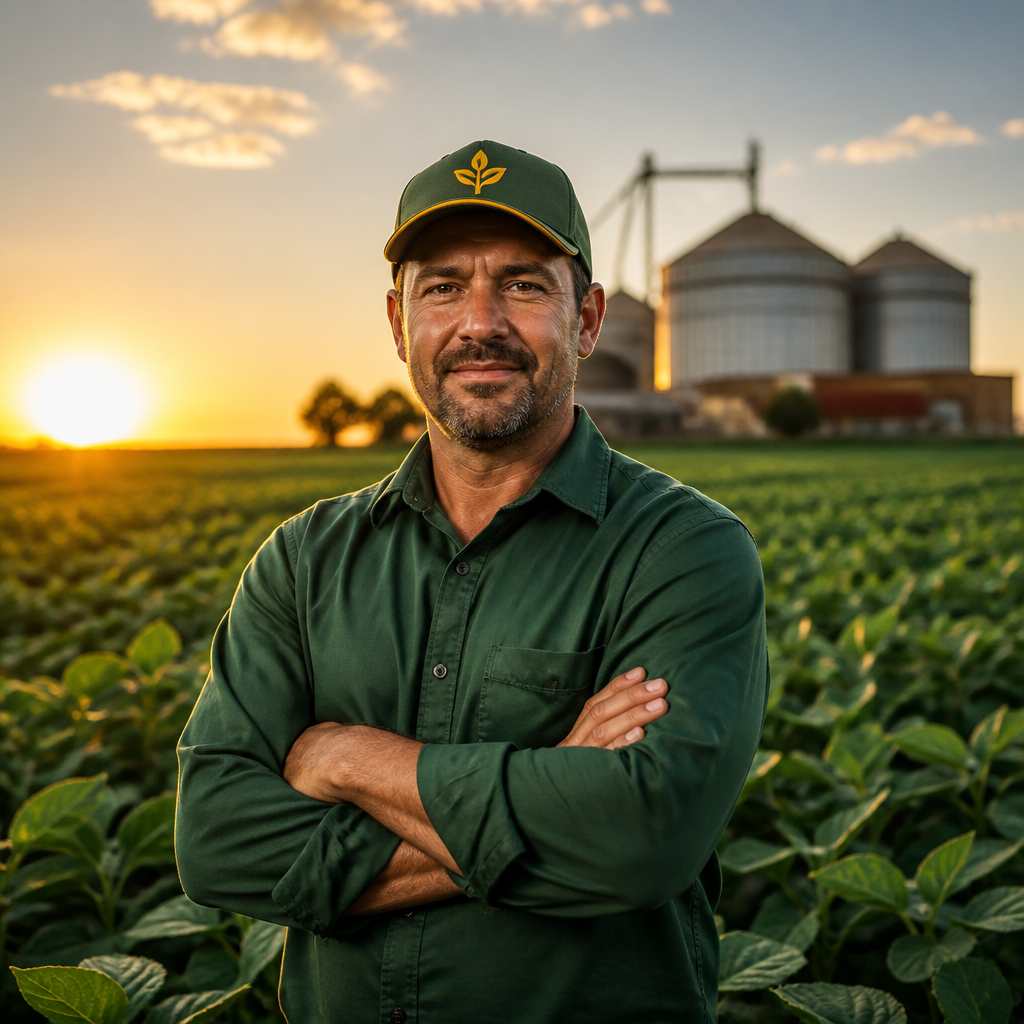 Produtor rural confiante em sua fazenda ao pôr do sol